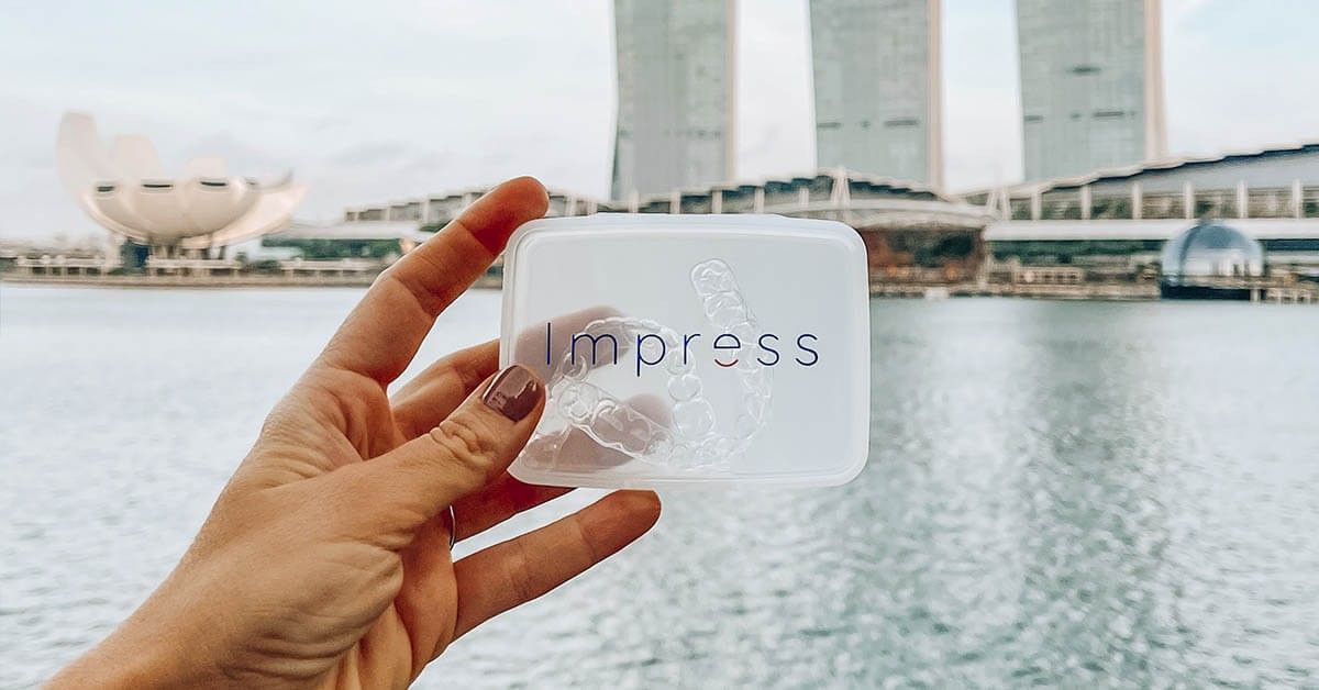 Hand holding the Impress kit with a scenic view