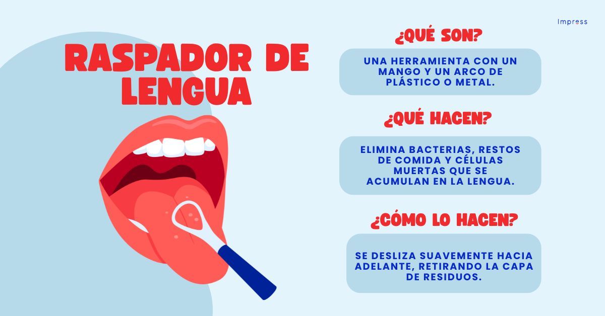 Infografía sobre un raspador de lengua: qué es, qué hacen, cómo lo hacen.
