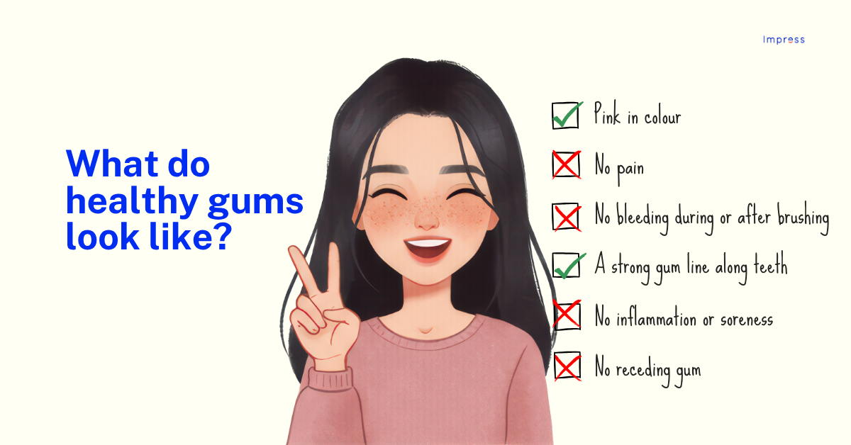 Infographic of a girl doing a peace sign with fingers smiling next to a checklist of healthy gum indicators