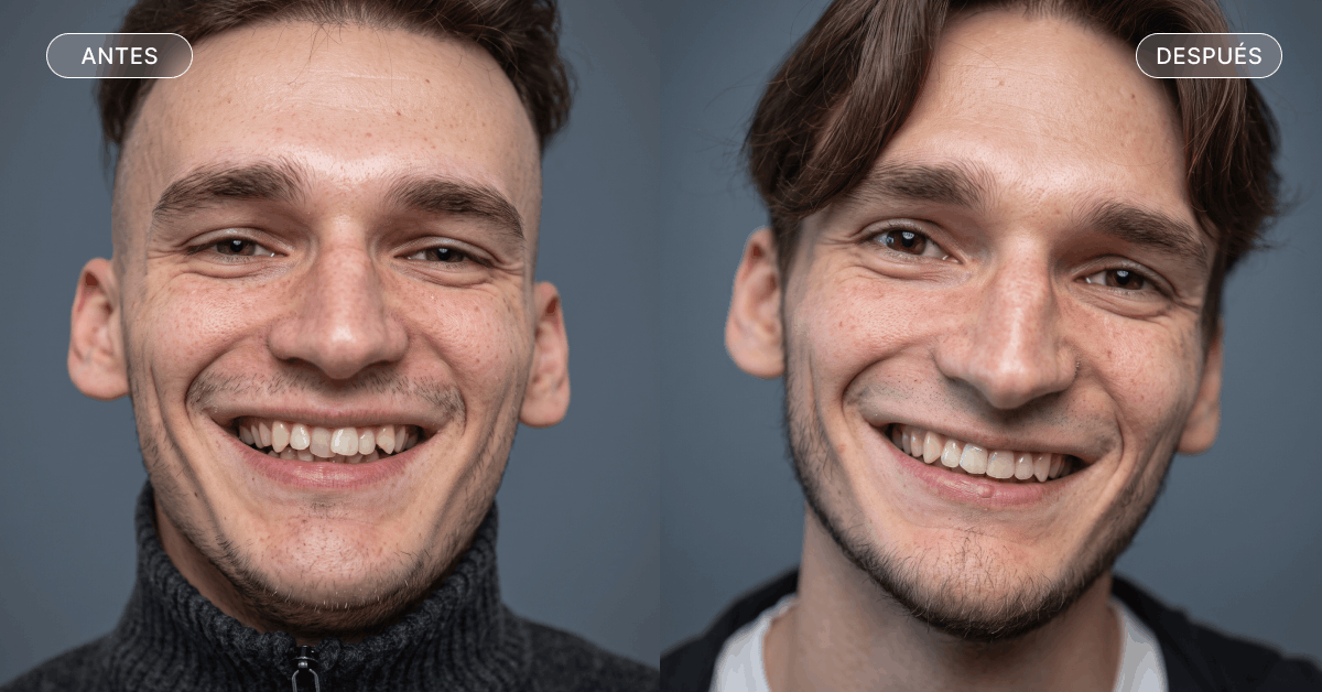 Un caso de dientes apiñados antes y después del tratamiento.