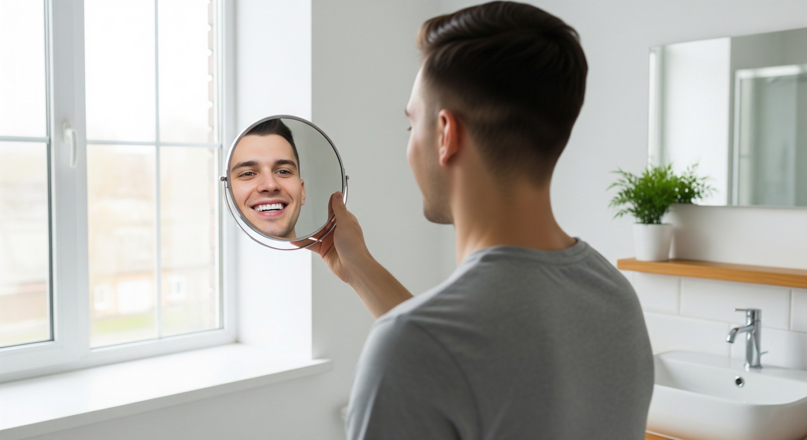 Чоловік з гордістю розглядає свої зуби після відбілювання