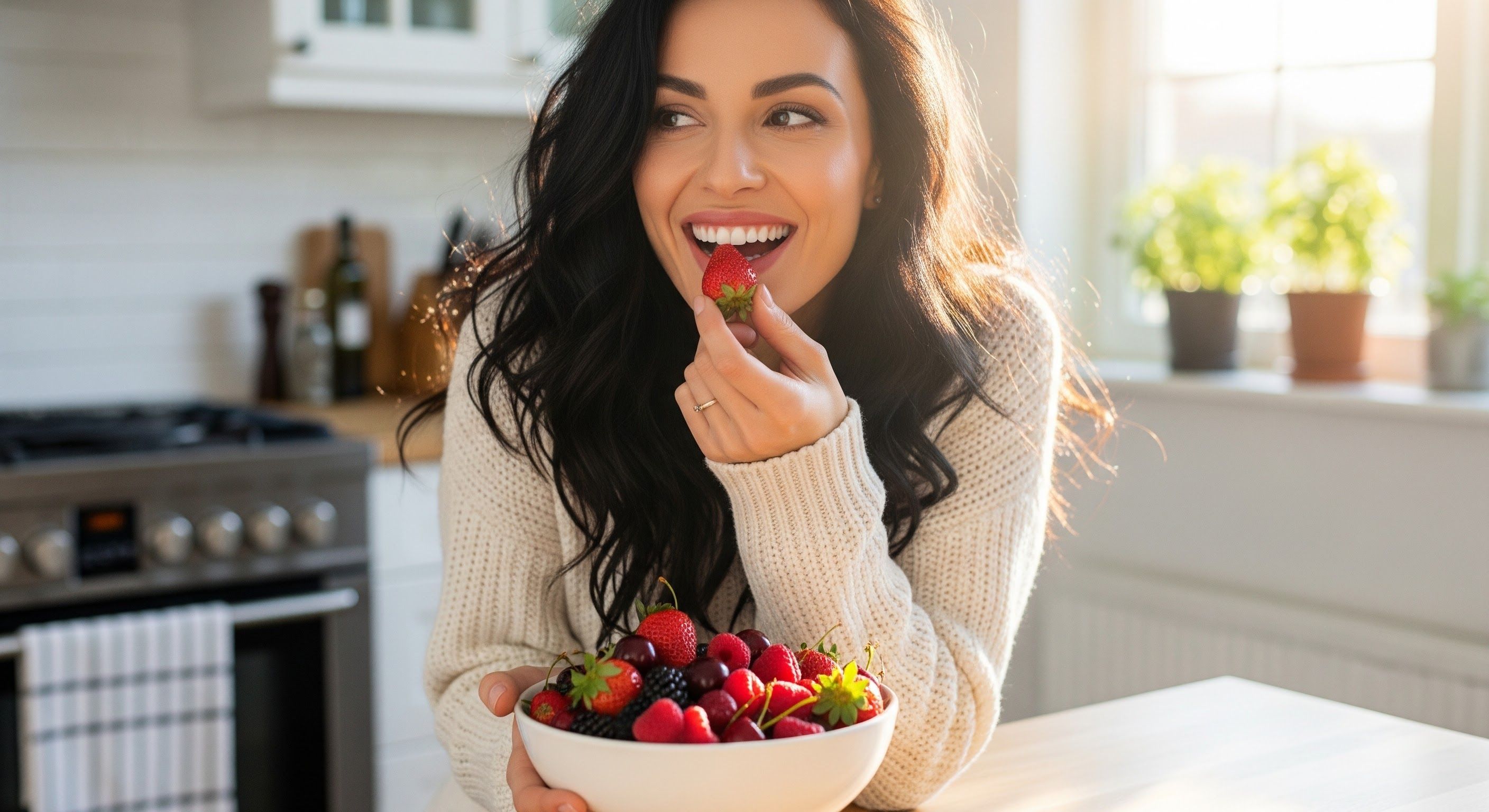 Жінка радісно їсть миску червоних ягід