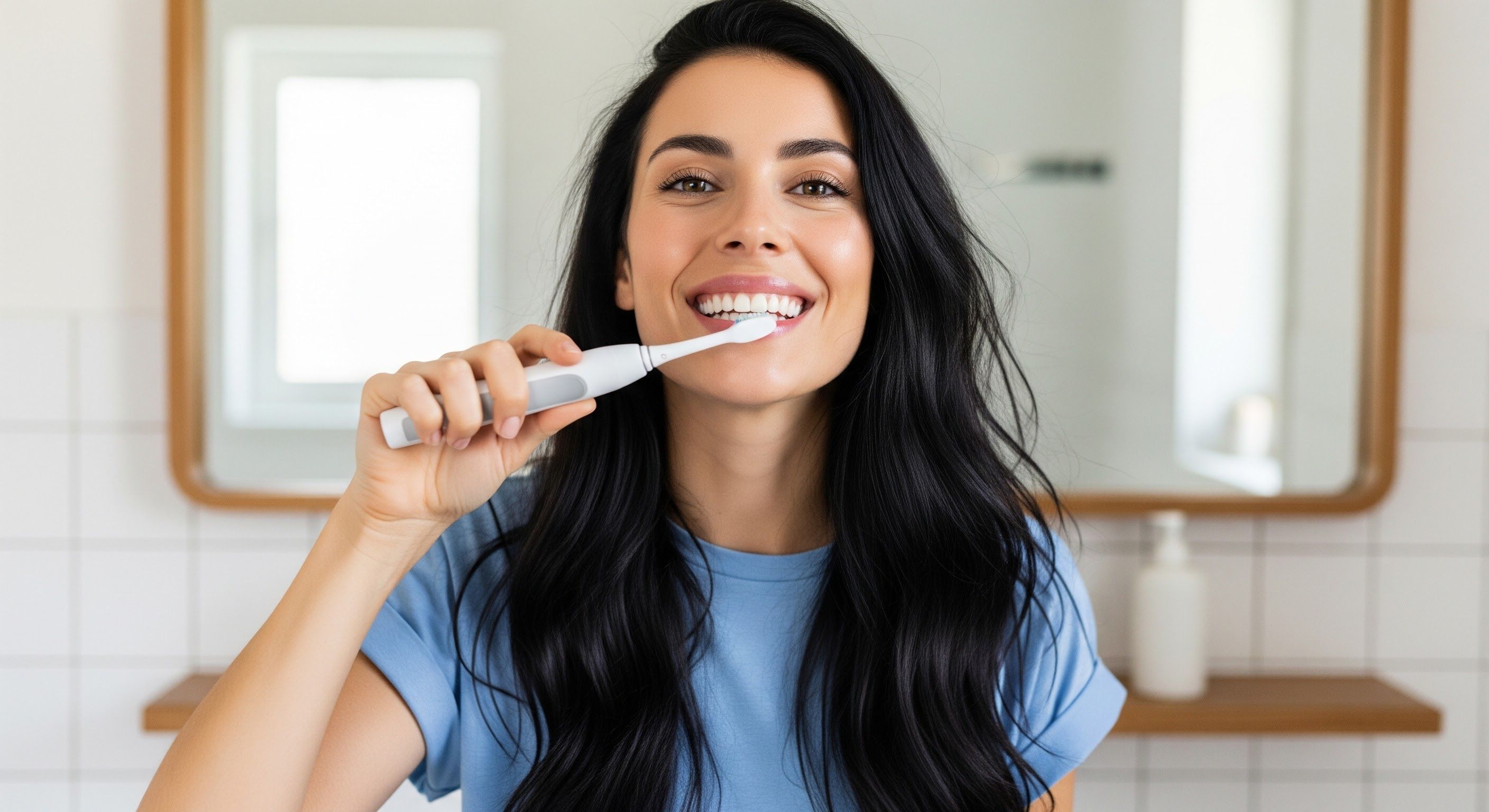 Жінка з гордістю чистить зуби